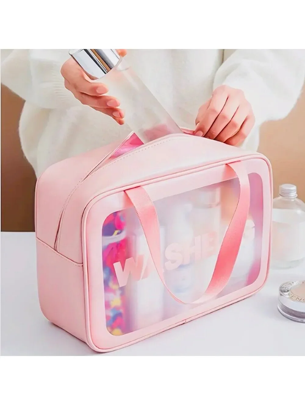 New - Transparent Faux Leather Makeup Bag - Pink /Clear